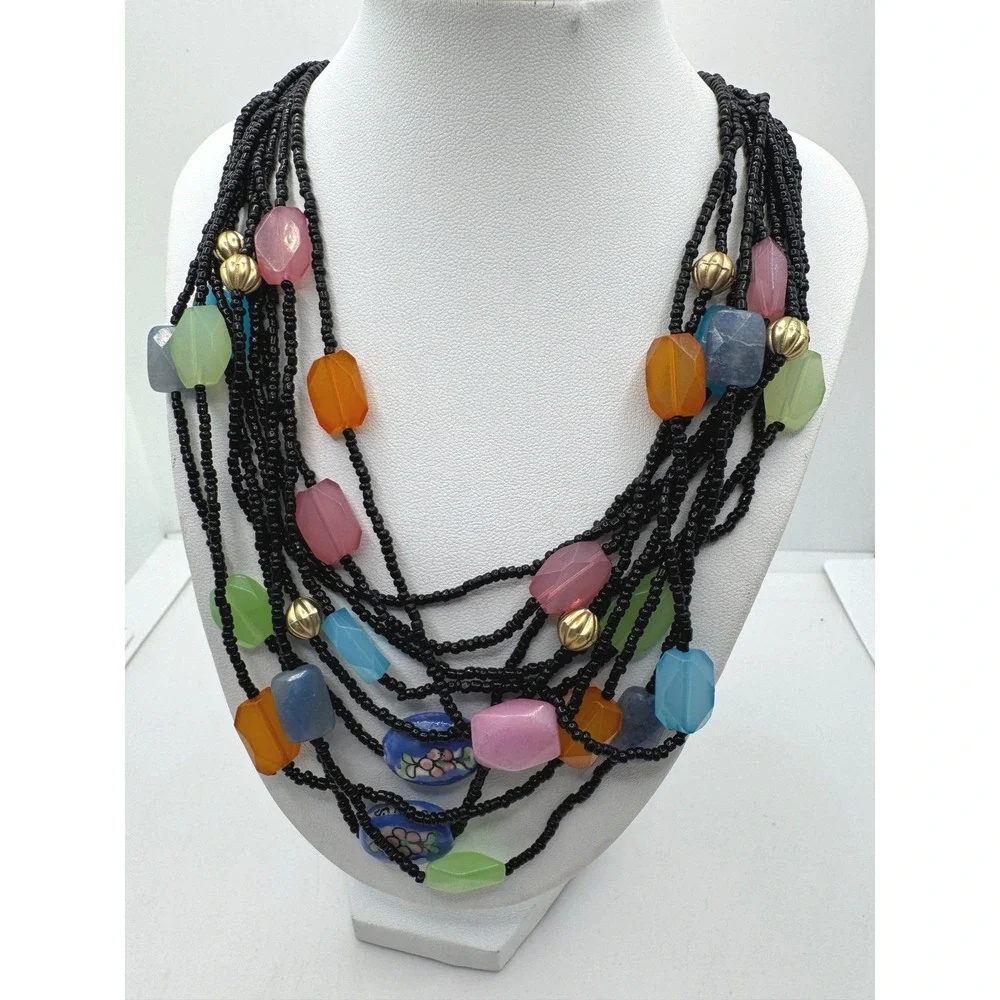 Vintage Multi Strand Black Seed Bead Necklace Colorful Acrylic Floral Porcelain